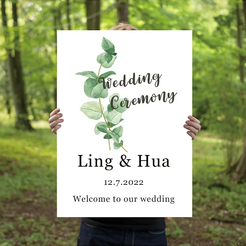 personalized welcome to our wedding ceremony Eucalyptus leaves custom wedding engagement welcome card party guets guide card