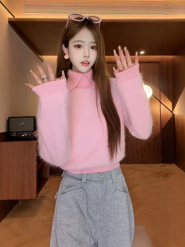 

Loose Women's Knitted Sweater Soft Cozy Overhead Half High Collar Pink Korean Lazy Style Spring New Style Slimming Top
