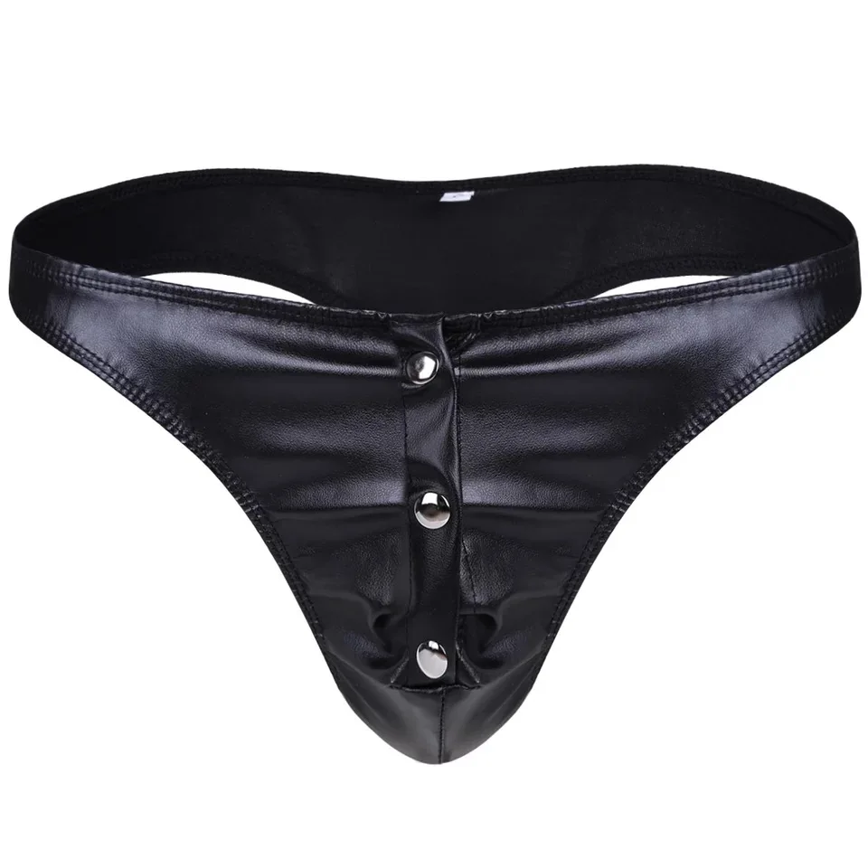 

Black Men's Close Fitting Patent Leather Button Briefs Sexy Open Crotch Leather Shorts Underwear