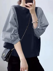 ZANZEA Puff Sleeve Korean Fashion Blouses Daily Gingham Patchwork Women Color Block Blusas Mujer O Neck Casual Loose Tunic Tops