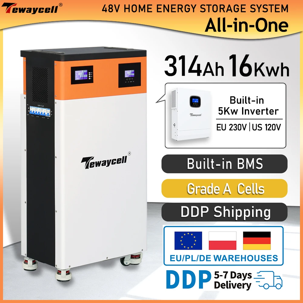 Tewaycell All in One 48V 314Ah 15KWh Powerwall 51.2V 16KWh LiFePO4 Battery Built-in 5KW Inverter ESS Solar Energy System
