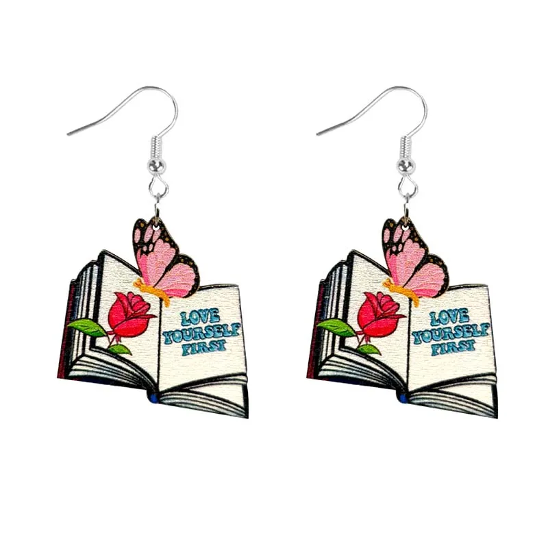 Valentine's Day Cute Teacher Book Earrings Hand-Painted Pink Butterfly Wings Rose Double-Sided Pendant Earrings School Jewelry