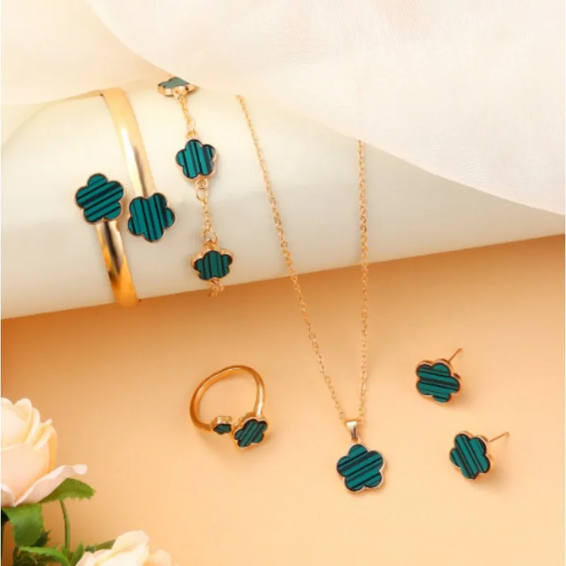 5pcs Lucky Five-petal Flower Women's Jewelry Sets Fashion Flower Bracelet/Necklace /Earrings/Bangles+Ring Sets Birthday Gifts - Image 5