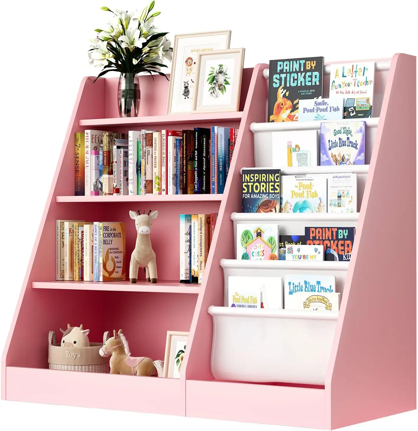 4-Tier Kids Wooden Bookshelf,5 Layer Sling Bookcase,Baby Storage Book Rack,Kids Book Toy Organizer Chest,Infant