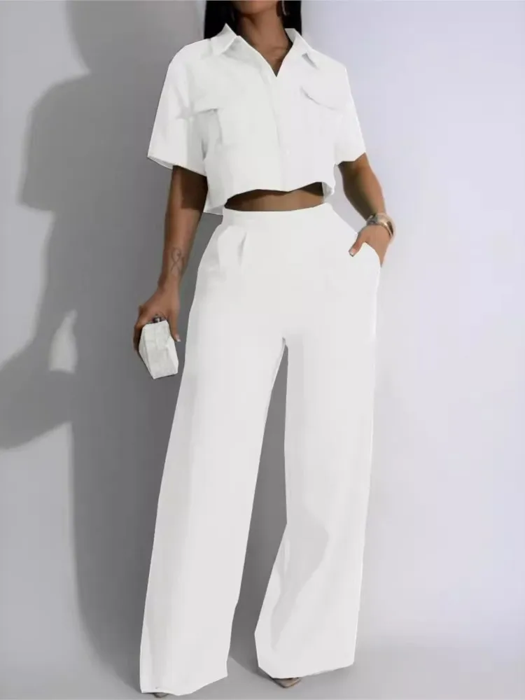 Spring Summer Lapel Short-sleeved Shirt Women\'S White Suit Fashion High Waisted Wide-leg Trousers Pocket Femaleoffice 2piece Set