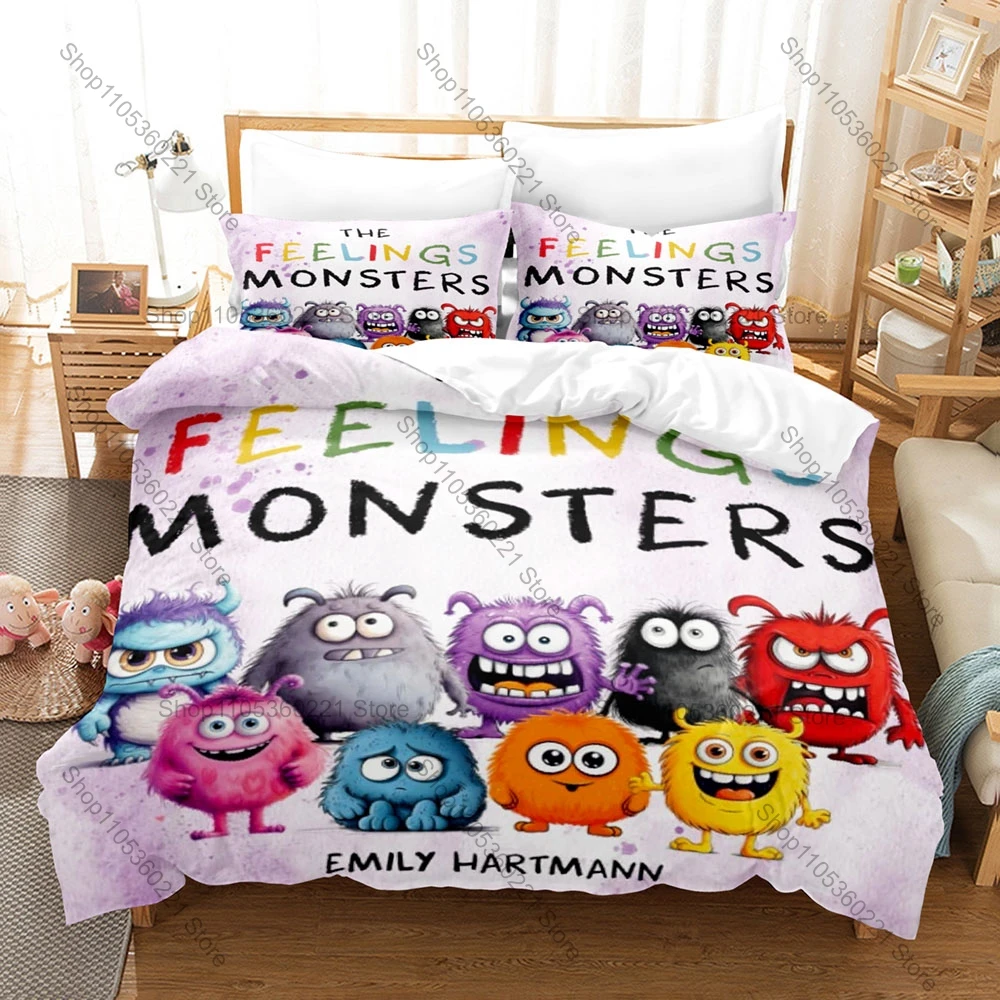 Fashion Emotion Monster Print Bedding 3 Piece Set Washable Microfiber Bed Cover Pillowcases Bedroom Decoration Bed Linens