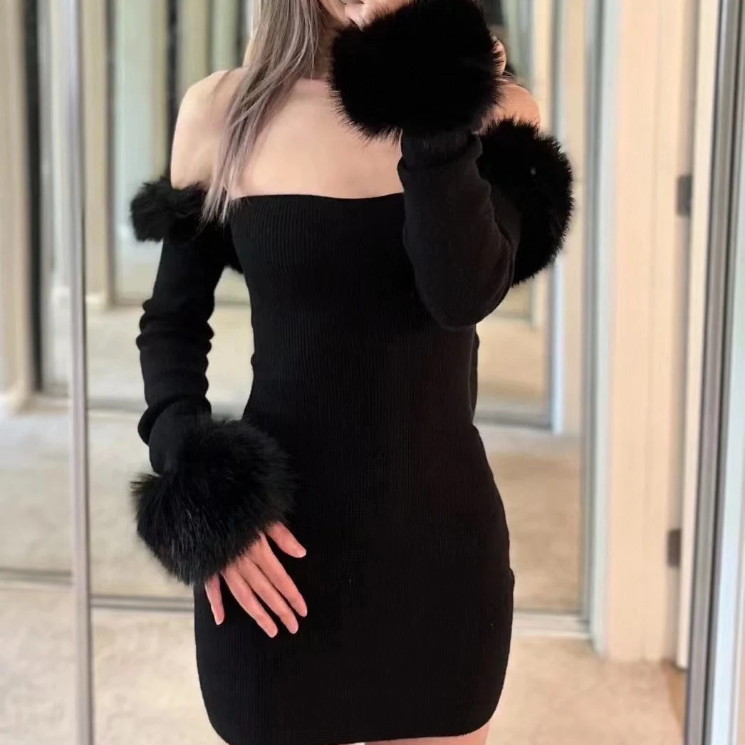 

Women's slim dress Slash Neck Detachable Faux Hair Knitted Bodycon Mini Dress