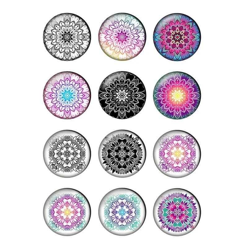 12pcs Mandala Flower Round Photo Glass Cabochon 8mm 10mm 12mm 14 16 18 20 25mm Demo Flat Back DIY Jewelry Making Supplies T044