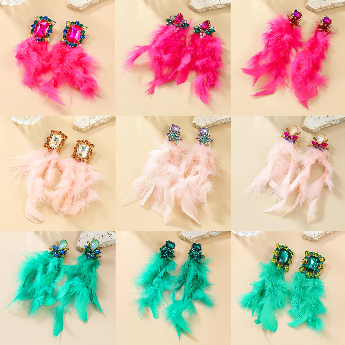 Big Statement Luxury Fuchsia Earrings Pink/Green Color Feather Long Tassel Women Creative Crystal Earrings