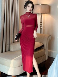 Trendy Ladies Christmas Dress New Year Women Clothes Solid See Through Sexy Bodycon Maxi Gown Mujer Robe Elastic Vestidos Fiesta
