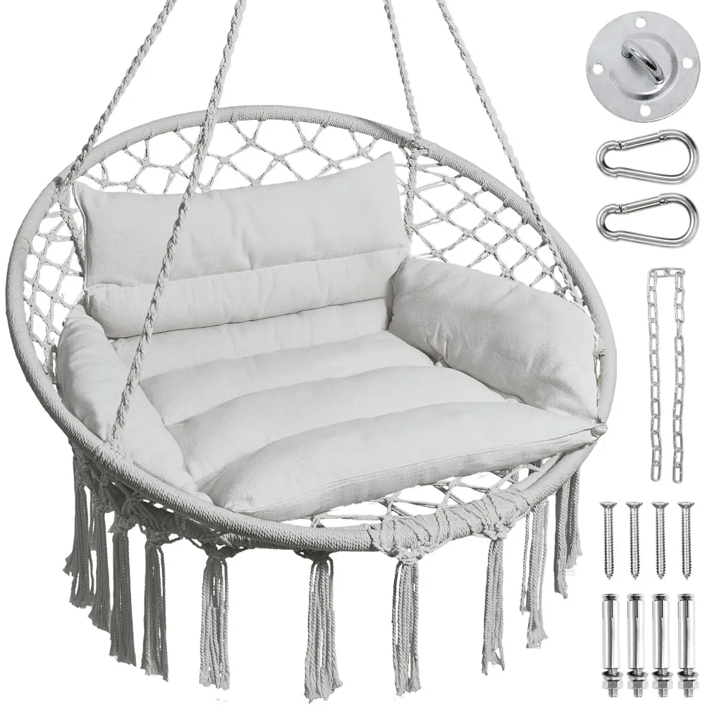 Swing Hanging Chair,Hold Up to350LBS/158KG Hammock Chair with Hanging Kits and Removable&Washable Cushion,Cotton Rope SwingChair