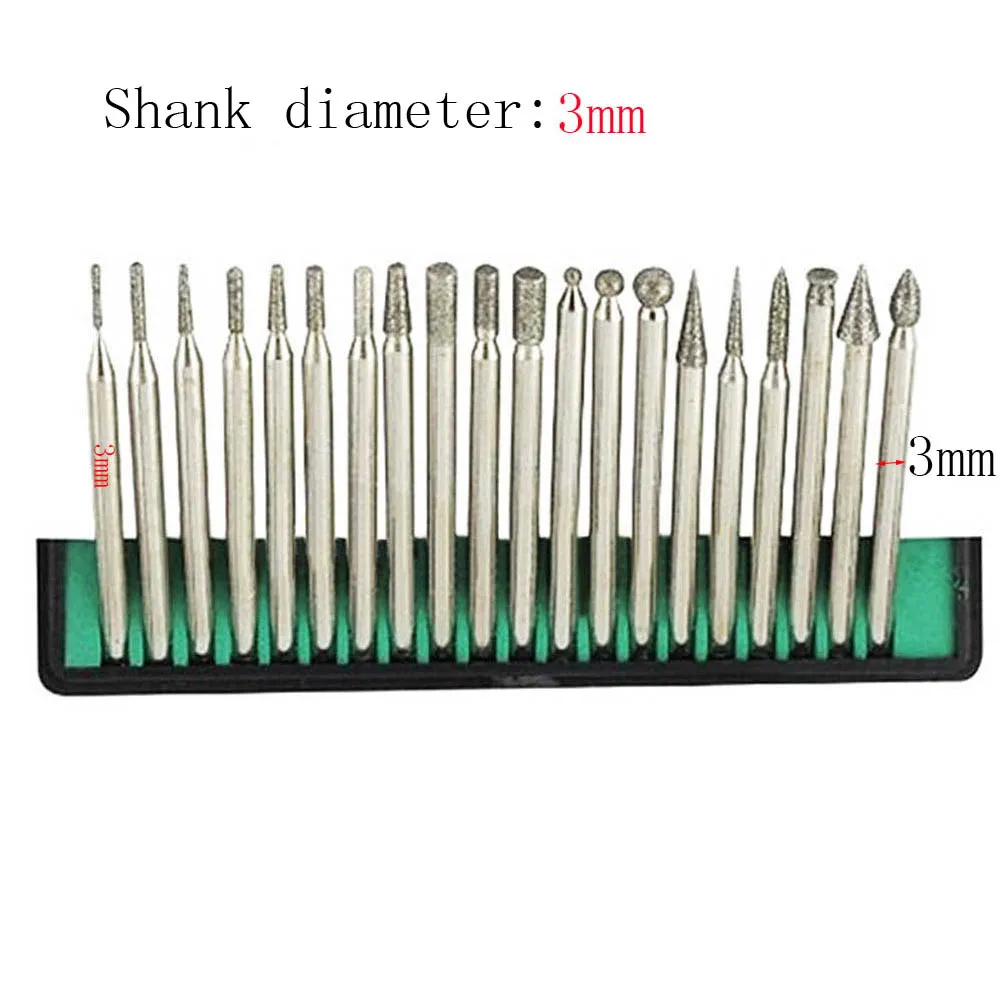 20PCS 2.35/3mm Shank Diamond Grinding Burr Needle Point Engraving Carving Polishing Glass Jade Stone Drill Bit Rotary Tool Set