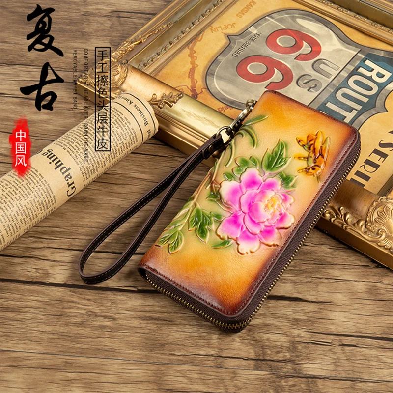 Western RDIF Blocking Cowhide Leather Peony Bee Embossed Women Wallet Large Capacity Multi-card Slot Zipper Purse for Ladies