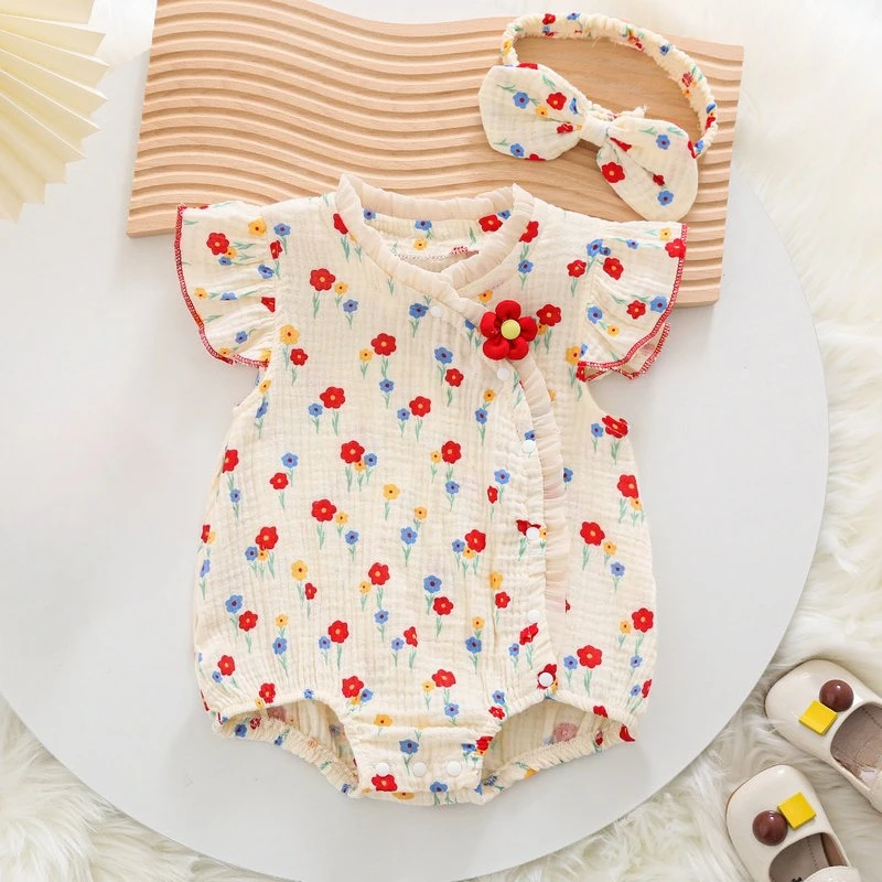 

Somenie Baby Girl Triangle Bodysuit with Headwear Infants Adorable Printed Short-Sleeve Romper for Outings Baby Clothes