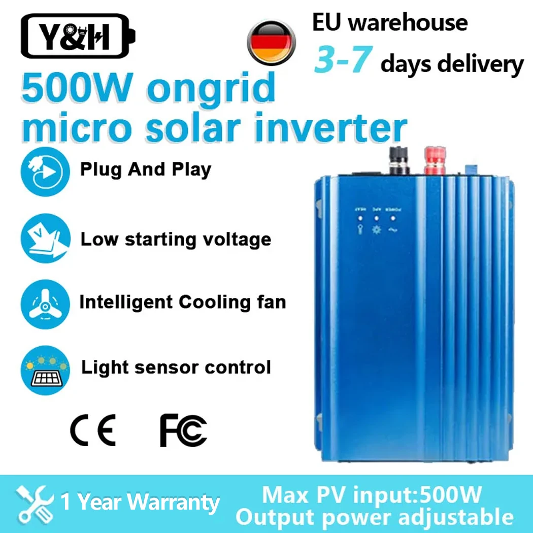 

Y&H 500W Ongrid Micro Solar Inverter 12V 24VDC To 220VAC Pure Sine Wave Grid Tie Inverter 12v Adjustable Grid-connected Inverter