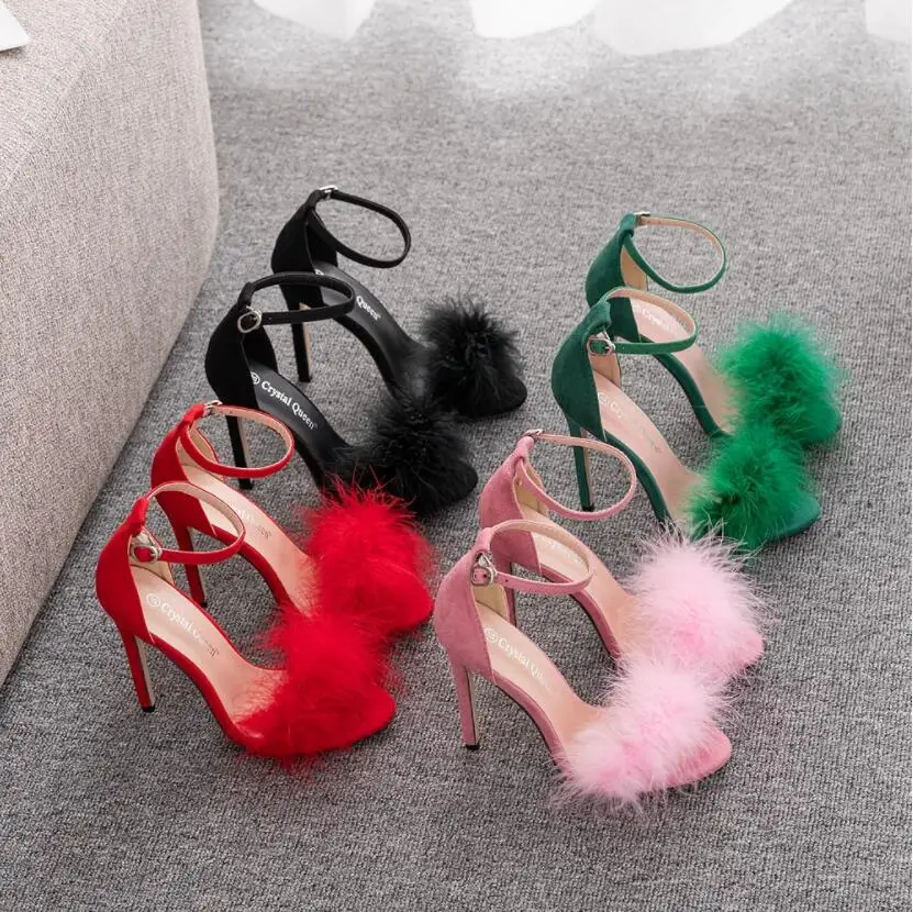 

2023 Women Summer Sandals Fluffy Peep Toe Stilettos High Heels Fur Feather Lady Wedding Shoes Large Size