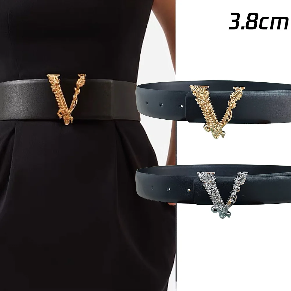 Men's Belt Letter Slide V Buckle Waistband Fashionable  Glossy Trouser Belts For Men