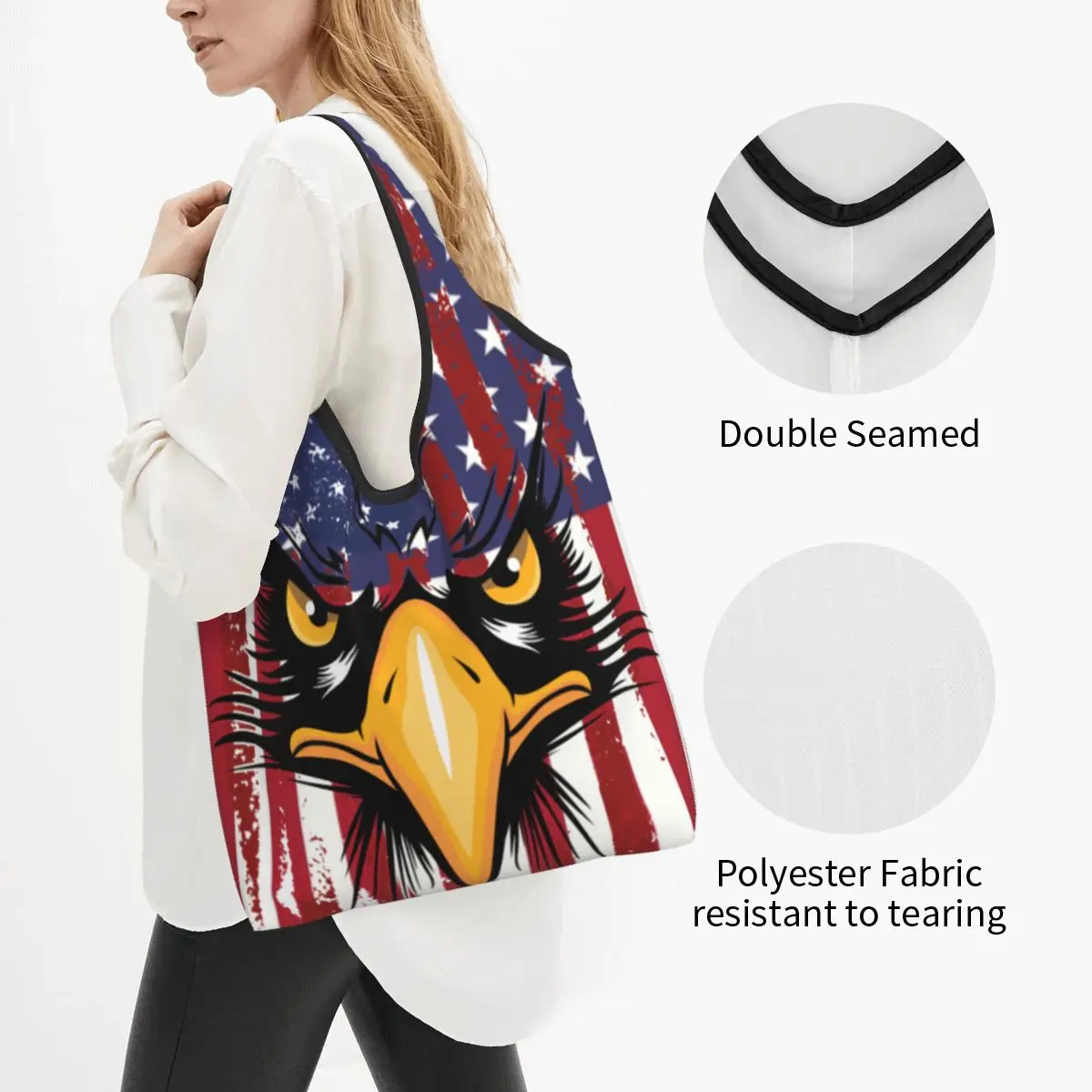 Fashion American Eagle Flag Shopping Tote Bags Portable USA Patriotic Groceries Shopper Shoulder Bag