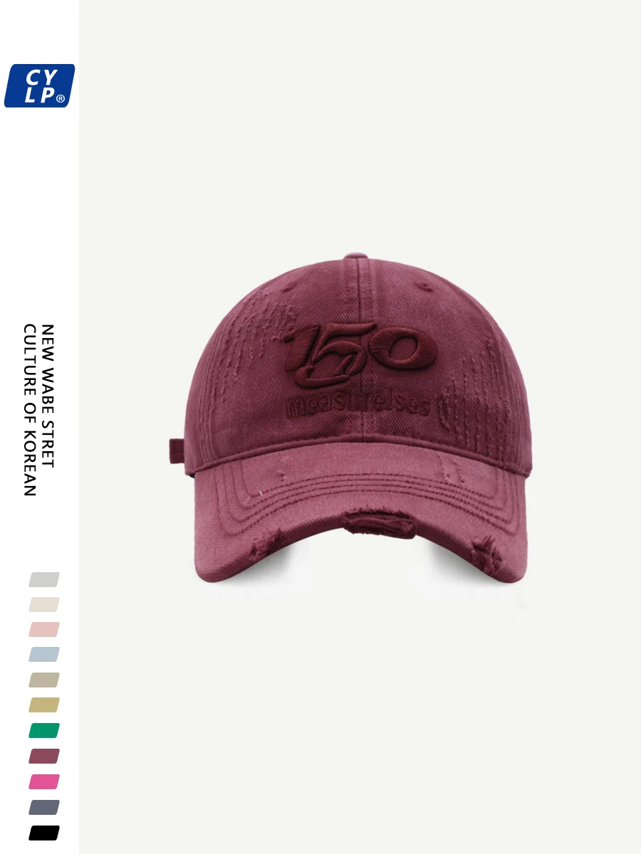 Embroidered Baseball Cap for Men and Women Same Style Korean Washed-out Make Old Ripped Peaked Cap Make Your Face Look Smaller