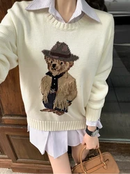 Sweater Women Wearing Tassel Jackets in Autumn and Winter, with a Bear Pattern on White Pure Cotton Warm Knit Sweater Jacket