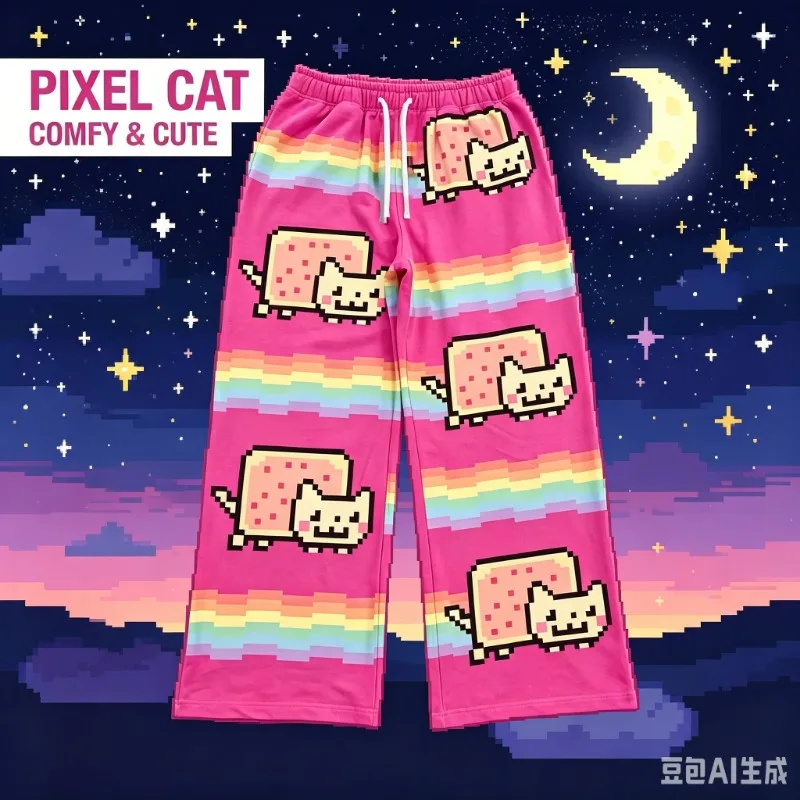 2026 Sommer Hip-Hop Nyan Cat Jogginghose Y2K Baggy Herrenhose mit elastischem Bund Amerikanische Streetwear Vintage Freizeithose