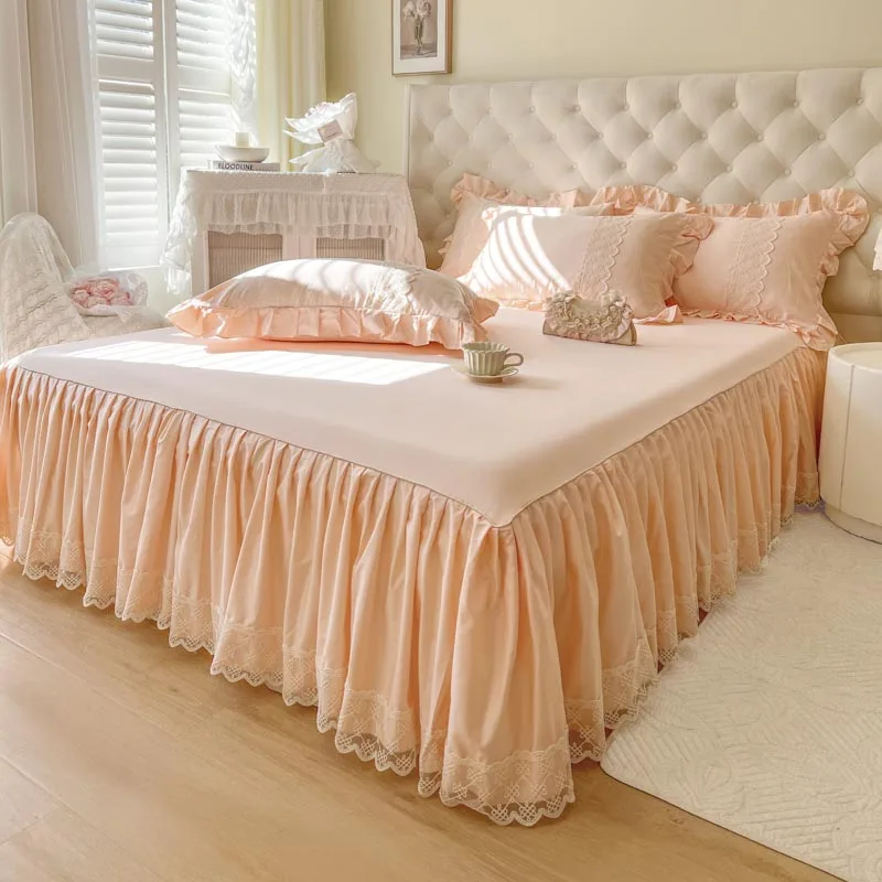 AI WINSURE-Lace Long-staple Cotton Fitted Sheet, Queen King Size, Ruffles Bed Skirt, Bed Cover with 2 Pillowcases, Soft