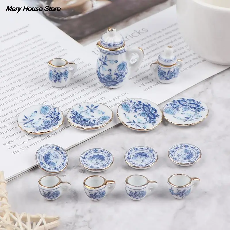 Miniature Dollhouse Porcelain Tea Cup Set para crianças, Flower Louça, Móveis de cozinha, Brinquedos para crianças