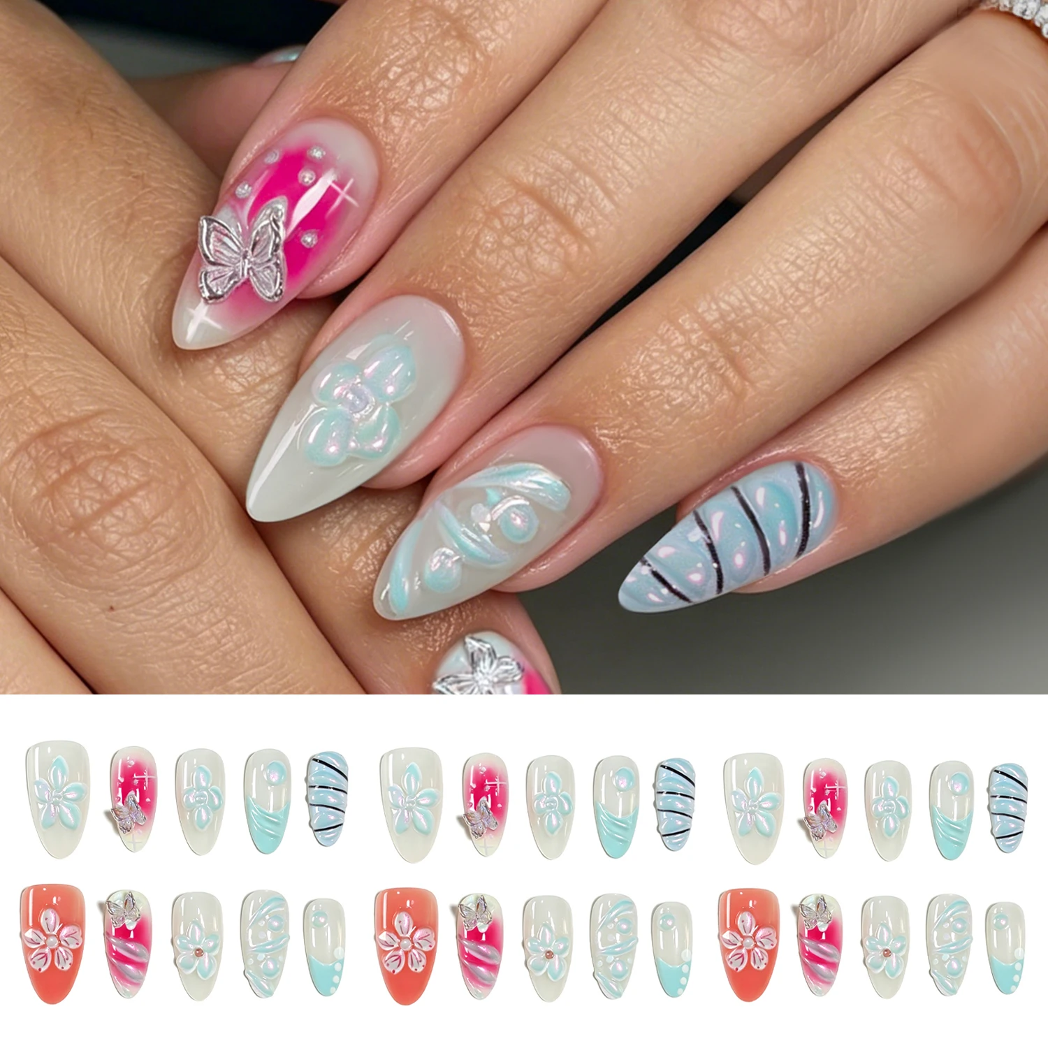 10pcs 3D Aurora Carved Floral Butterfly Press On Nails Mint Green French False Nails Reusable Full Cover Acrylic False Nails D34