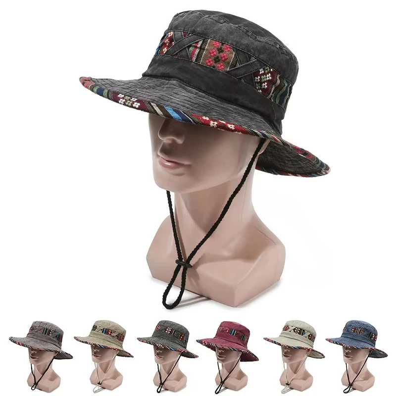 Bucket Hat im Bohemian-Stil, Denim-Sonnenhut für Outdoor, Bergsteigen, Camping, Unisex, Retro-Stil, gewaschener Fischerhut