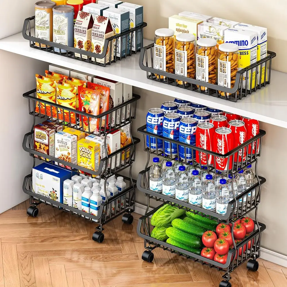 

3-Tier Rolling Pantry Organizer and Storage Cart with Wheels – Stackable Wire Snack Cart or Kitchen, Pantry Shelves and Storage