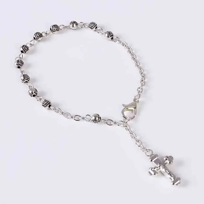 4mm Catholic mini small rose Cross bracelet, children's baptism bracelet