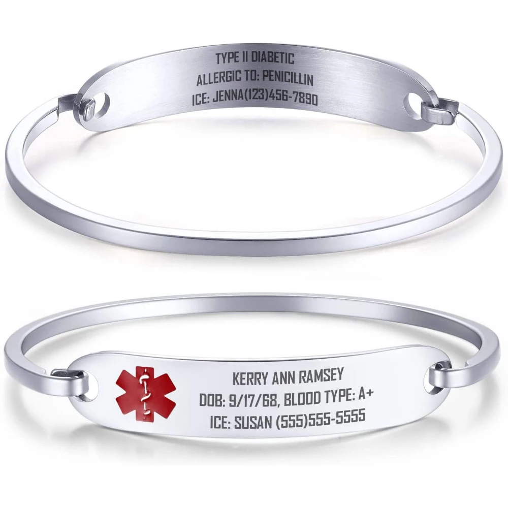 

Women's Medical ID Bracelets Stainless Steel Emergency Alarm Bangles Free Carving Customization Diabetes Allergy Information