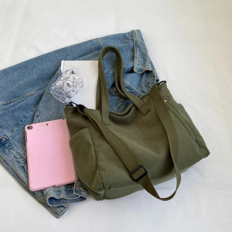 Modische gestreifte Samthandtasche, einfacher Stil, Cord-Umhängetasche, einfarbig, große Kapazität, Pendler-Damen-Einkaufstasche – Detail 17