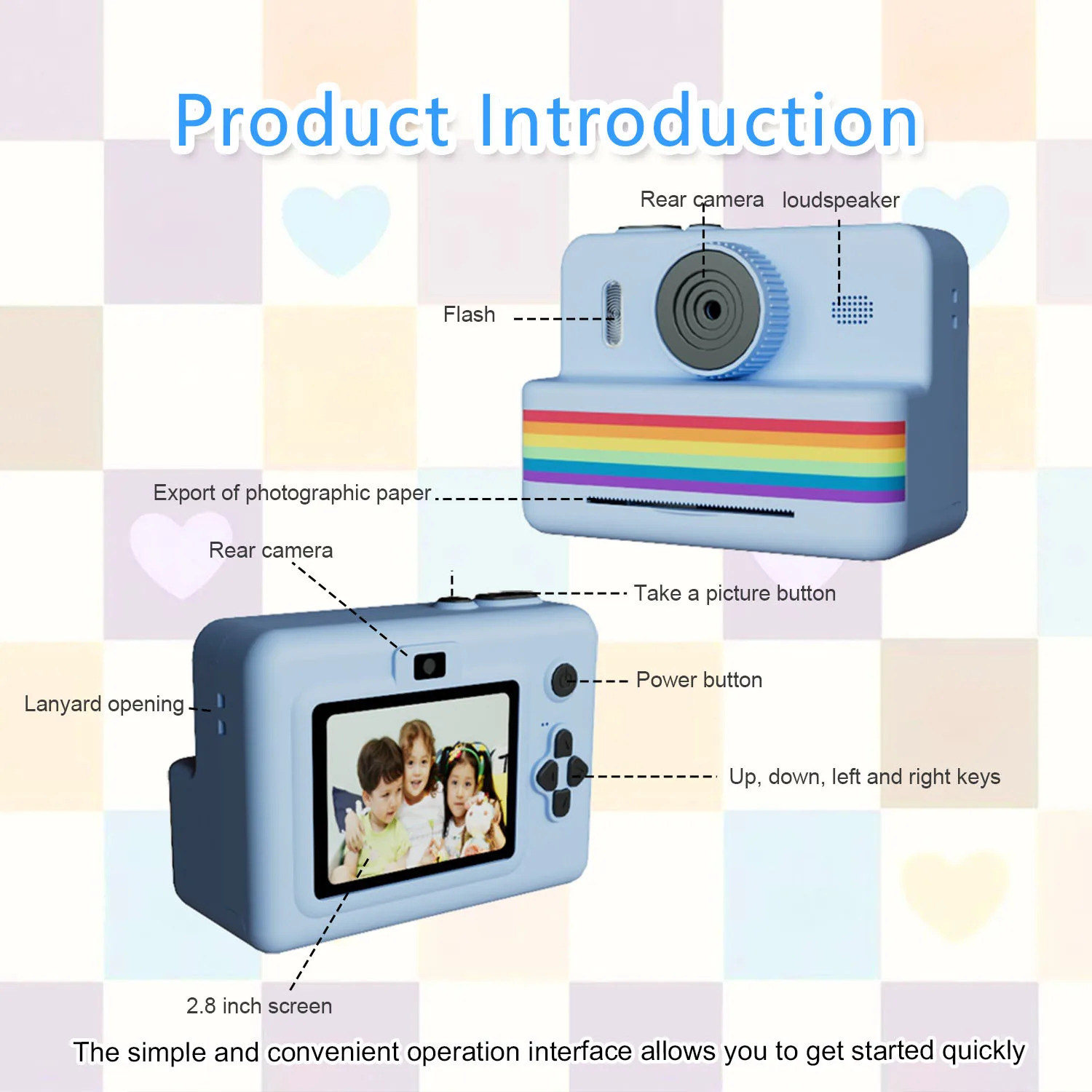 Kindercamera Instant Print Toy 2,8-inch HD-scherm met 32G-geheugenkaart en 3 rollen printpapier, cadeau voor jongens en meisjes