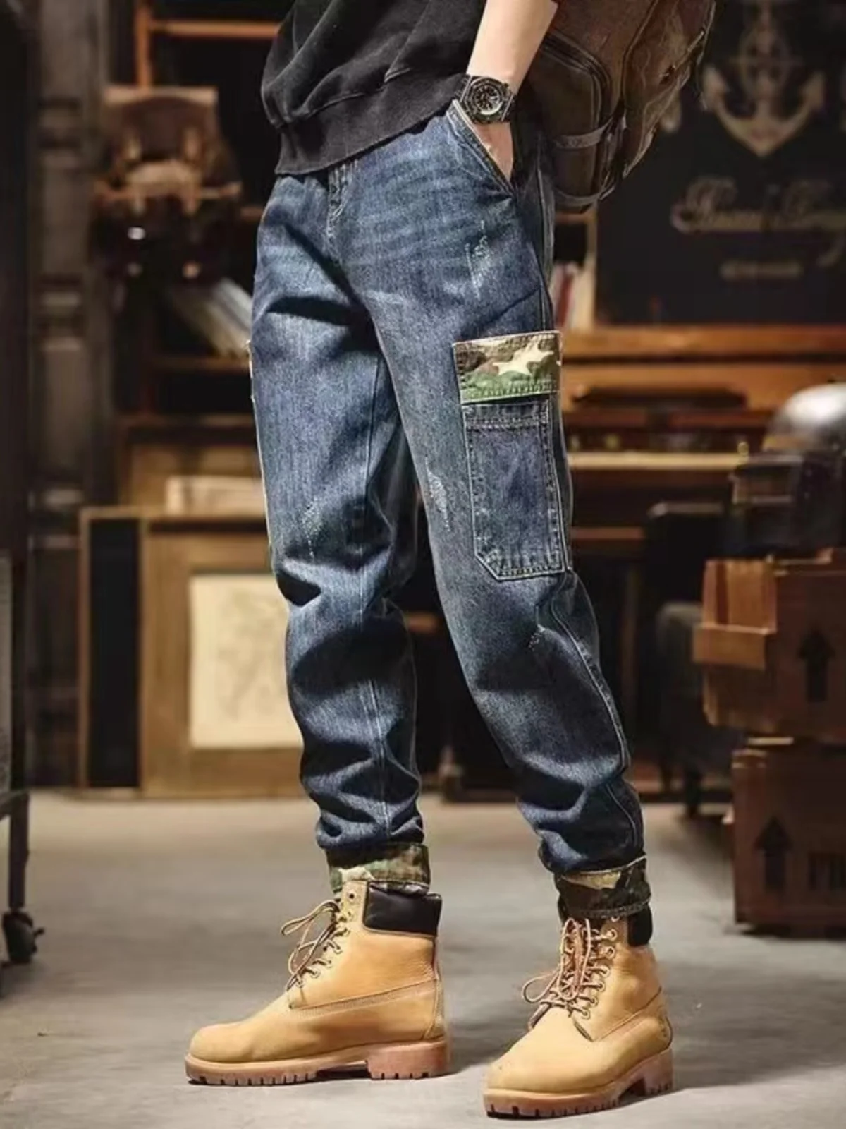 

Мужские джинсы-карго American Sle Heavyweight в стиле пэчворк, свободные прямые брюки, новинка зимы, длинные штаны