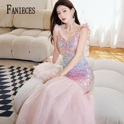 FANIECE-Sequined Evening Dress for Women, Slim Fit V-Neck MermaidShort Sleeve Floor-Length Monochromatic Luxury New 2024