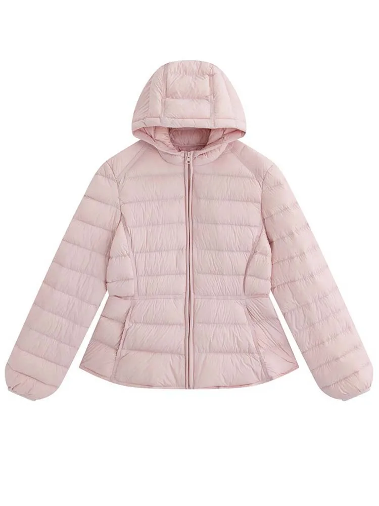 Women's Short Lightweight Hooded Down Jacket 2026 Autumn Winter High qulaity Waist-Cinched puffer coat Warm Solid color DJ729