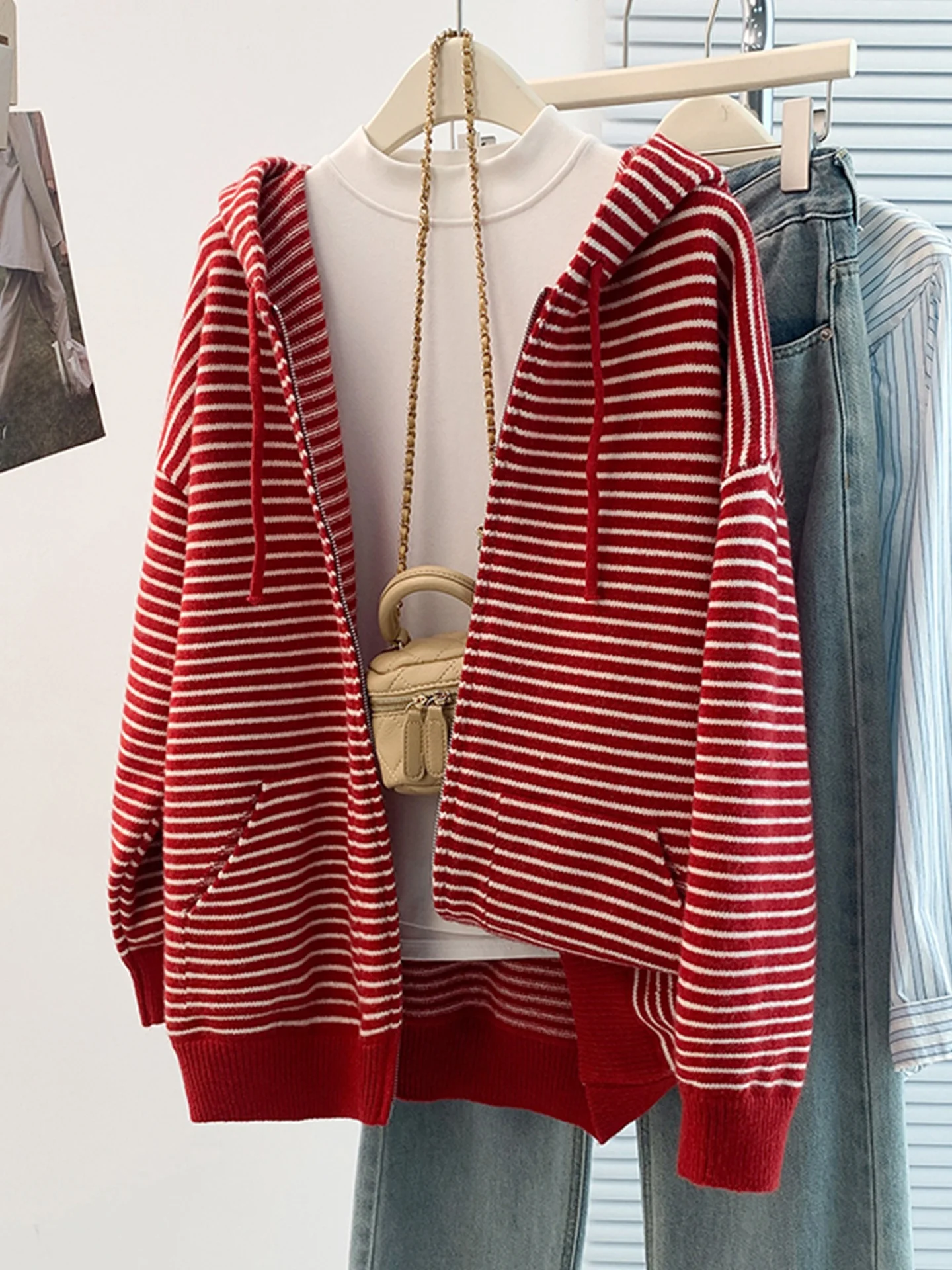 

Loose Fit Long Sve Knitted Cardigan Women's plus Size Hoodie Sweater Outerwear Red Stripe Pattern Comfortable Lazy Sle