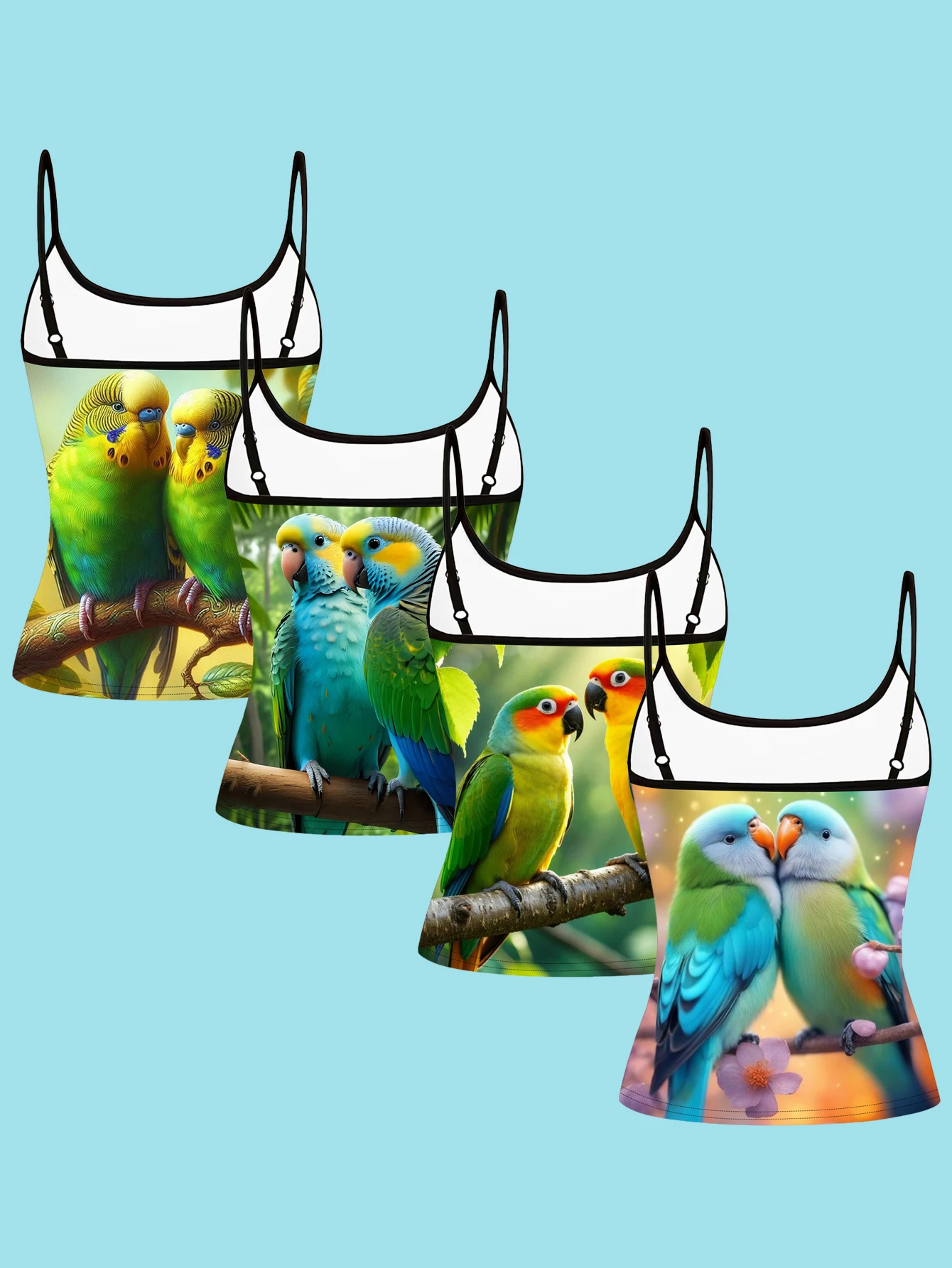 4-Piece Set of Couple's Parrot Print Camisoles, Lovebirds Colorful Tropical Bird Spaghetti Strap Sleeveless Tops, Natural Style Slim Fit Inner and Outer Wear Vest Set