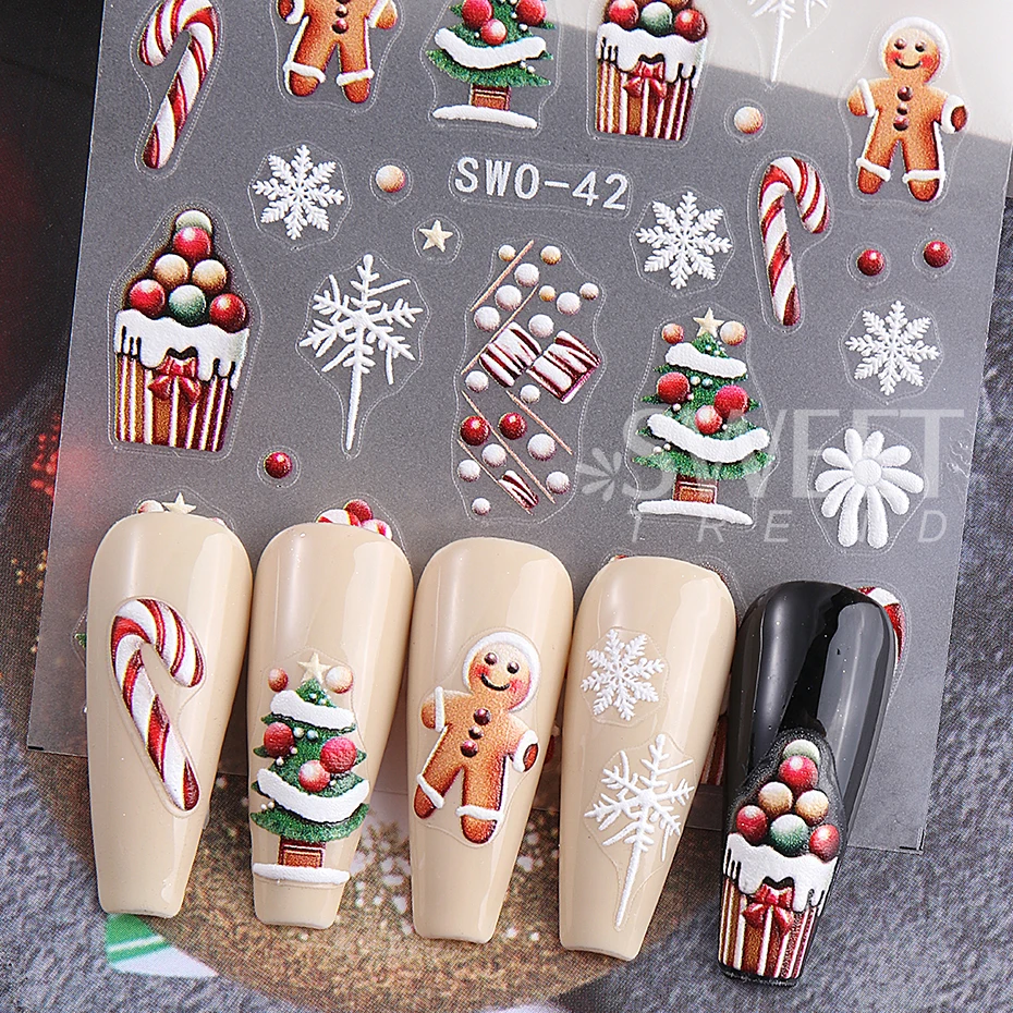 Pegatinas de uñas de Navidad en relieve 5D, calcomanía de uñas de hombre de jengibre, copo de nieve, muñeco de nieve, pingüino, suministros de decoración de otoño e invierno