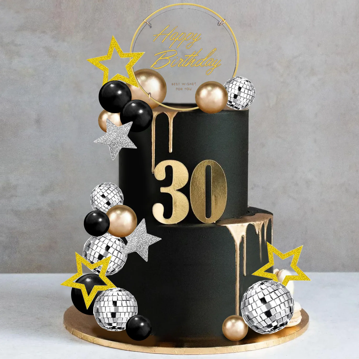 Mann Kuchen Topper Alles Gute zum Geburtstag Kuchen Topper Schwarz Gold Kugeln Kuchen Dekorationen für Geburtstag Hochzeit Baby Shower Party Dekoration