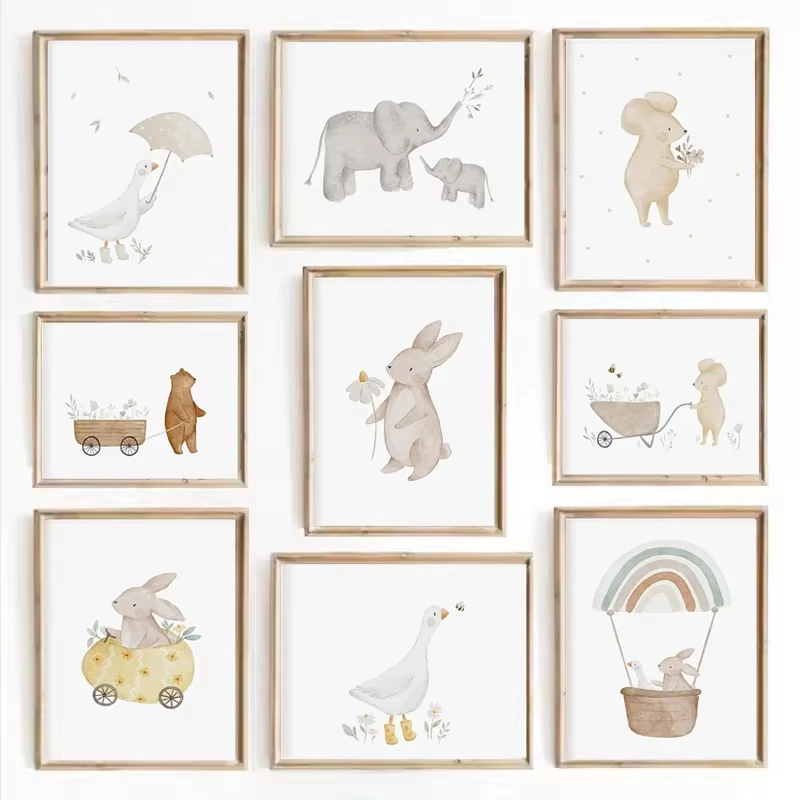 Boho Cartoon Farm Animals Wall Art Canvas Painting Rabbit Bear Bee Flower Posters and Prints Pictures for Baby Kids Room Deco