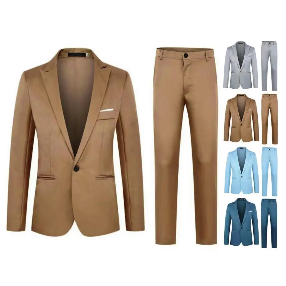 Men Pants Set Men's Spring Autumn Business Suit Set with Lapel Slim Fit Pants Solid Color Single Button Design with for A