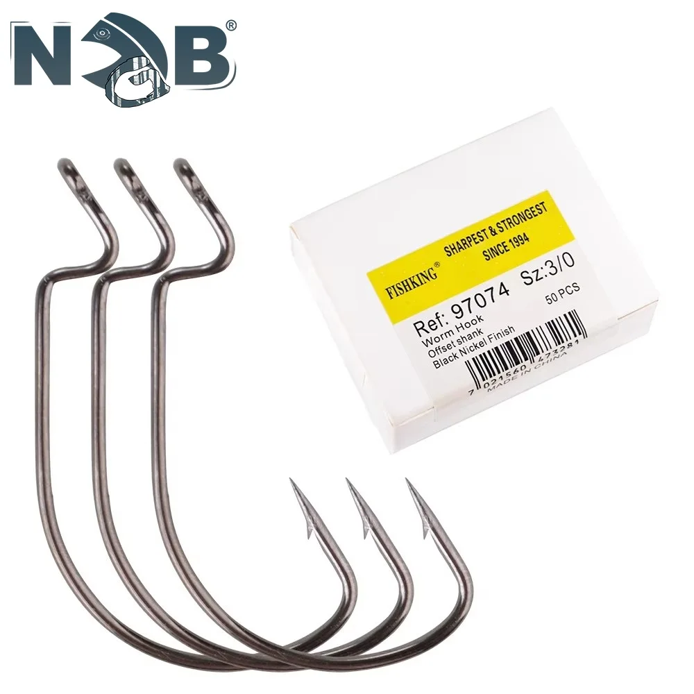 NGB 50PCS Worm Hook Offset Shank Black Nickel Fish 97074 Jig Head Lure Carp Fishing Carbon Steel Barbed Fish Hooks With Ringed