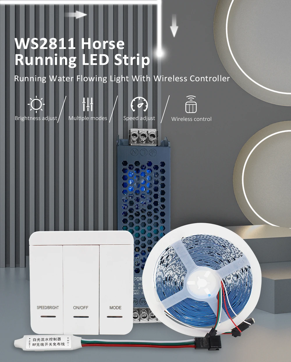 DC24V 10M WS2811 Horse Race LED Strip 2835 120Led/m Running Water Flowing Light with Wireless Controller Cool Natural Warm White