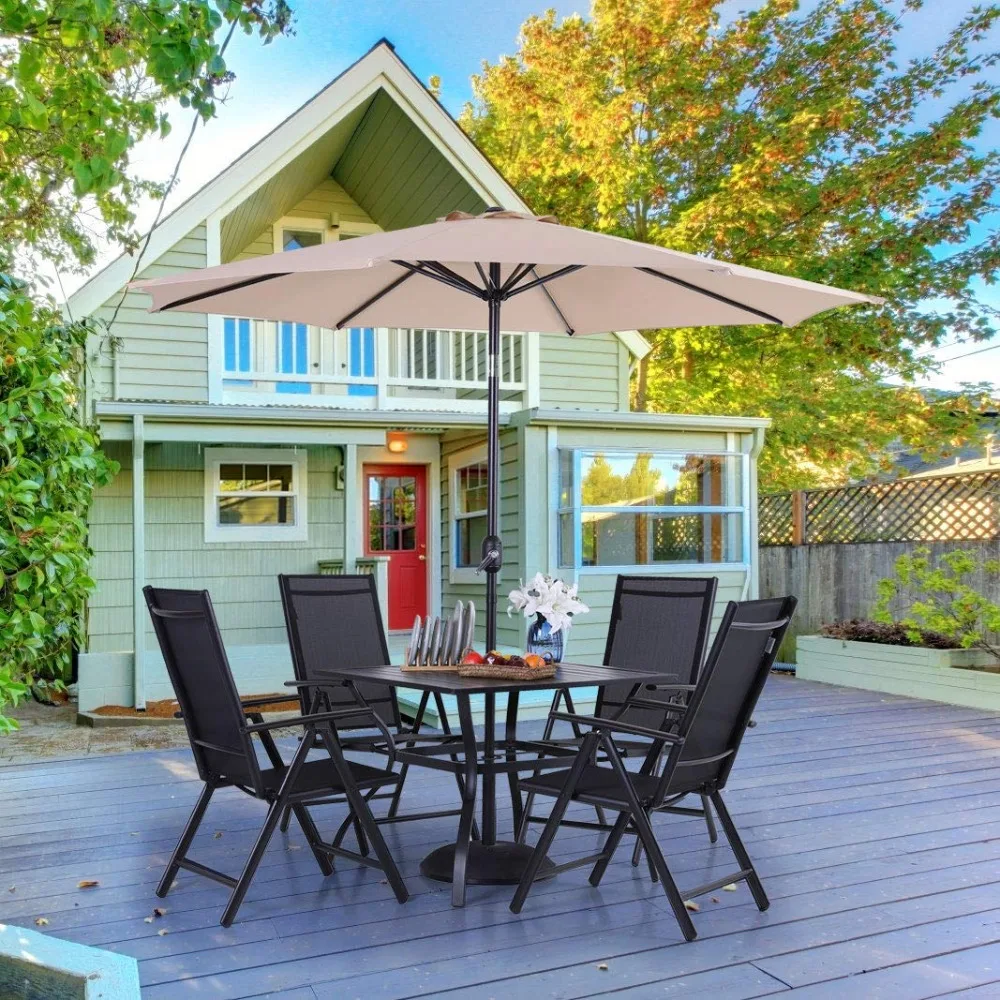 Outdoor Patio Dining Set for 4 with 9 FT Patio Umbrella, Table and Chairs Set with Adjustable Patio Folding, Customized