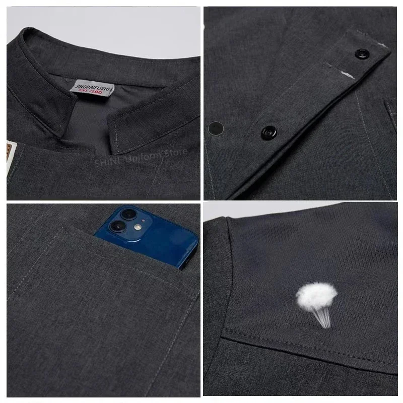 キッチンメンズ半袖シェフスーツジャケット黒制服レストランシェフコートエプロン作業服シェフショーツ夏通気性