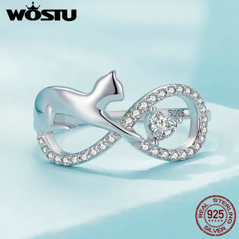 WOSTU Real 925 Sterling Silver Cat & Infinite Symbol Band Rings per le donne Clear AAA zircone Animal Pet Ring regalo di gioielli di compleanno