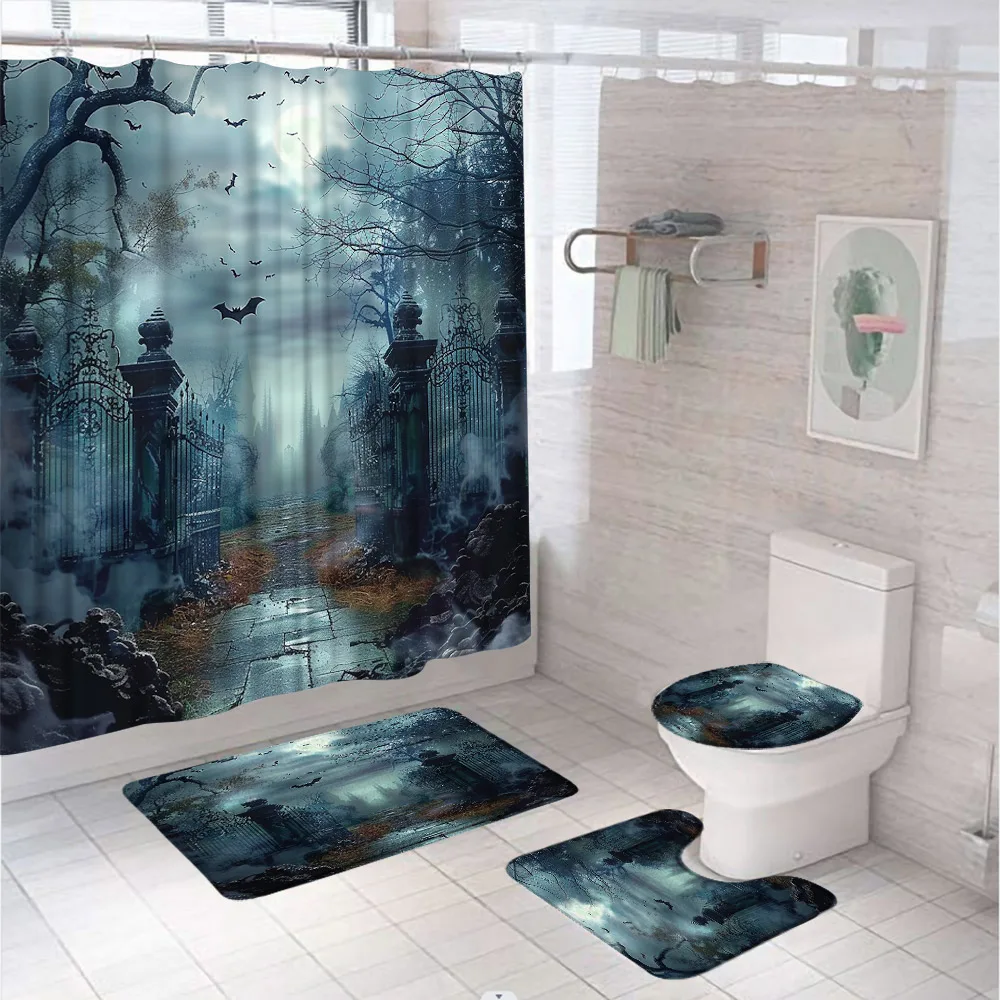 4Pcs Shower Curtain Set with Rug Halloween Castle of Terror Bat Pumpkin Non-Slip Soft Toilet Cover Bathroom Decor Rug Bath Mats