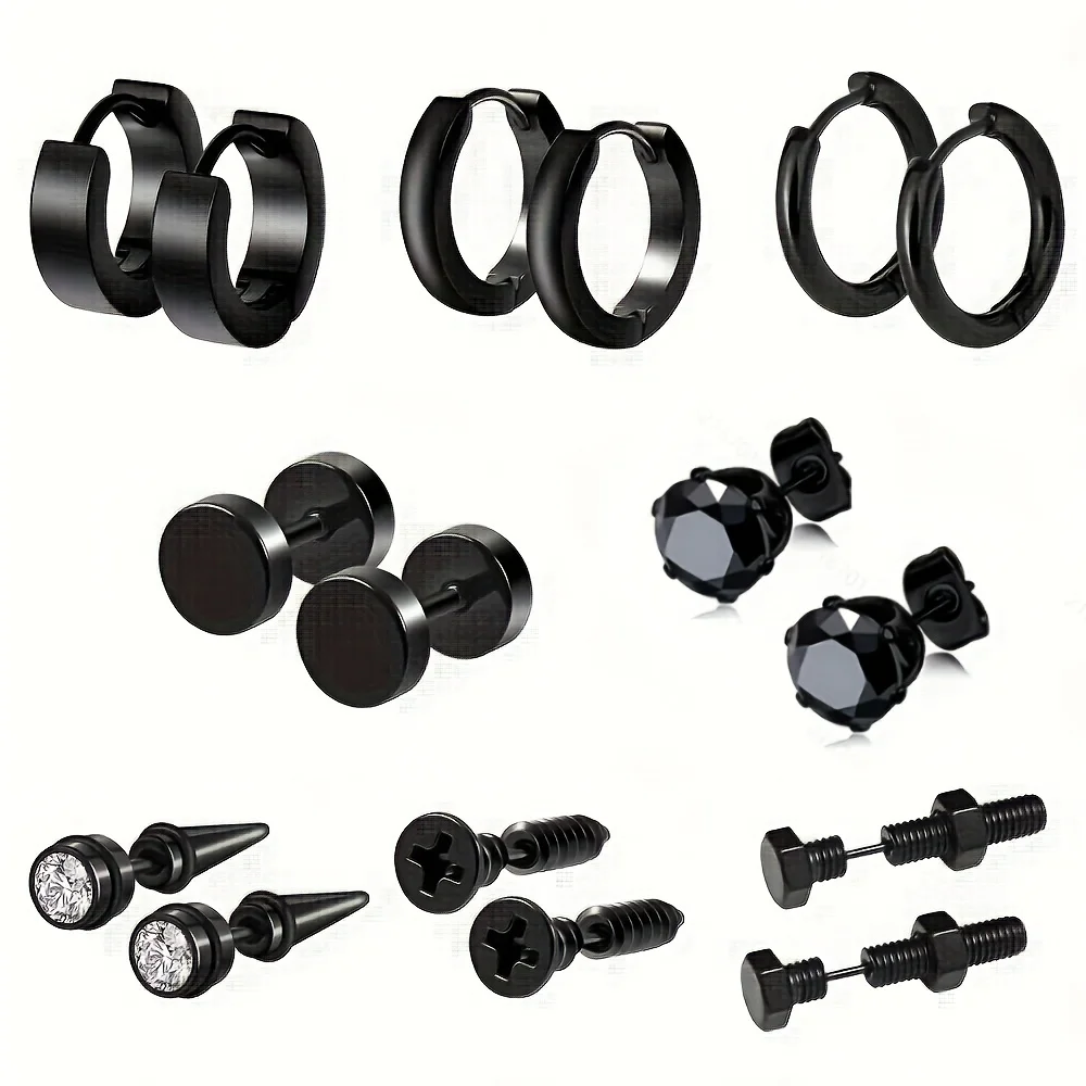 

8 Pairs Punk Gothic Style Stainless Steel CZ Barbell Cartilage Screw Stud & Hoop Earrings for Men Women Ear Piercing Jewelry